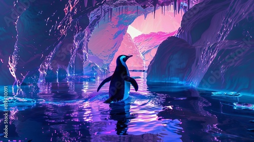 A solitary penguin explores a vibrant ice cave with surreal, colorful lighting, reflecting in the serene water below. photo