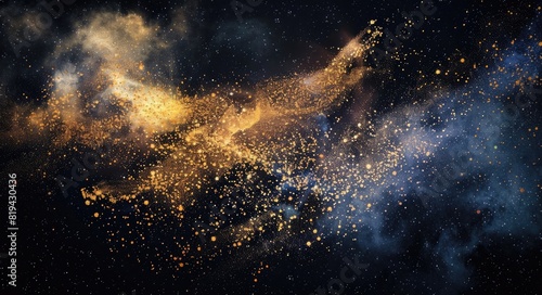 Abstract background with golden powder and colorful dust on a black background. Abstract space wallpaper