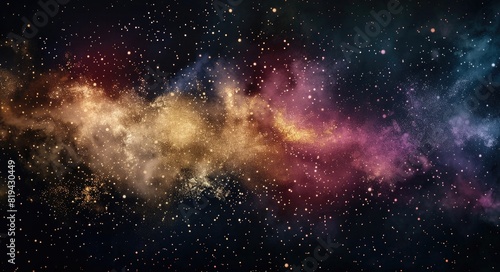 Abstract background with golden powder and colorful dust on a black background. Abstract space wallpaper