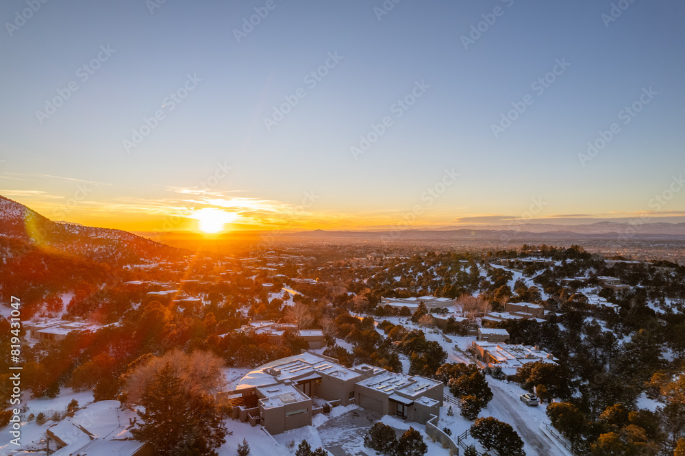 Santa Fe in the winter. The Sangre de Cristo Mountains. Santa Fe, New Mexico.