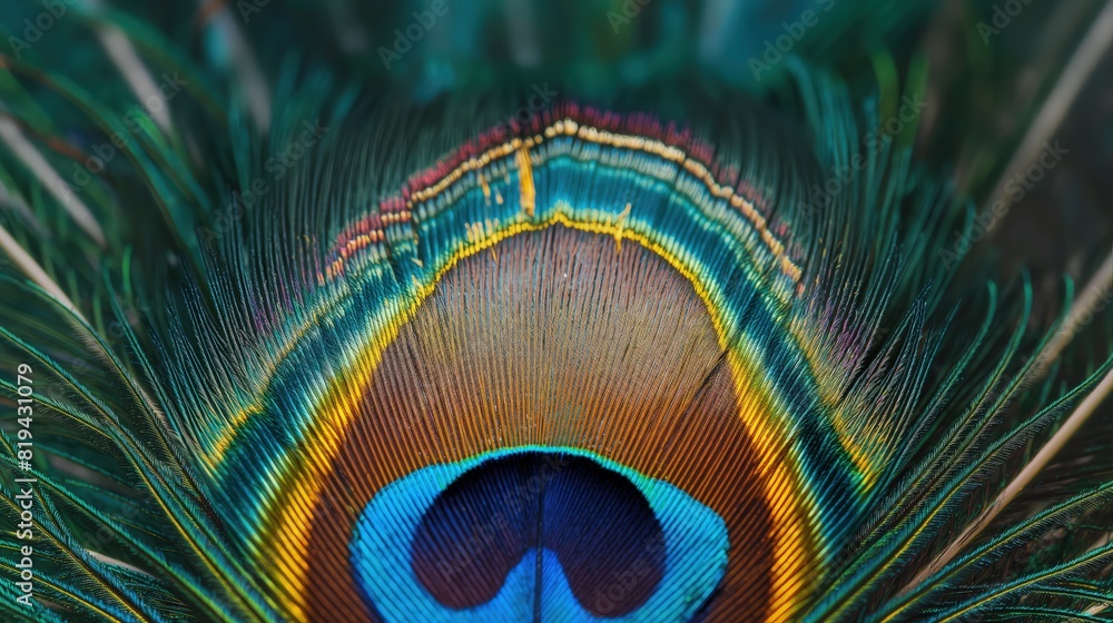 Naklejka premium A detailed shot of a peacock feather, focusing on the vibrant colors and intricate patterns.