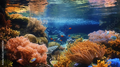 A detailed view of a vibrant coral reef under clear water  teeming with tropical fish and marine life. 