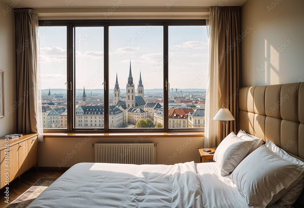 Fototapeta premium Vienna city view from travel hotel room bed window