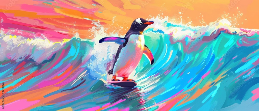 Fototapeta premium A vibrant, colorful illustration of a penguin surfing on a wave with a stunning sunset in the background. Creative and whimsical art.