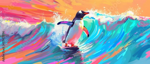 A vibrant, colorful illustration of a penguin surfing on a wave with a stunning sunset in the background. Creative and whimsical art.