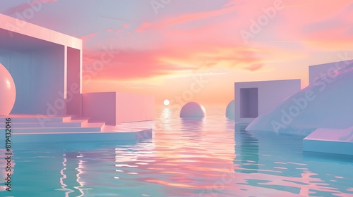 3d Render  Abstract Surreal pastel landscape background with architecture and geometric  beautiful gradient sky scene  lake with clam water  minimal concept.