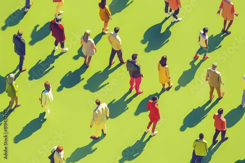 Aerial view of a diverse crowd walking in a scenic green field with elongated shadows in a peaceful outdoor setting