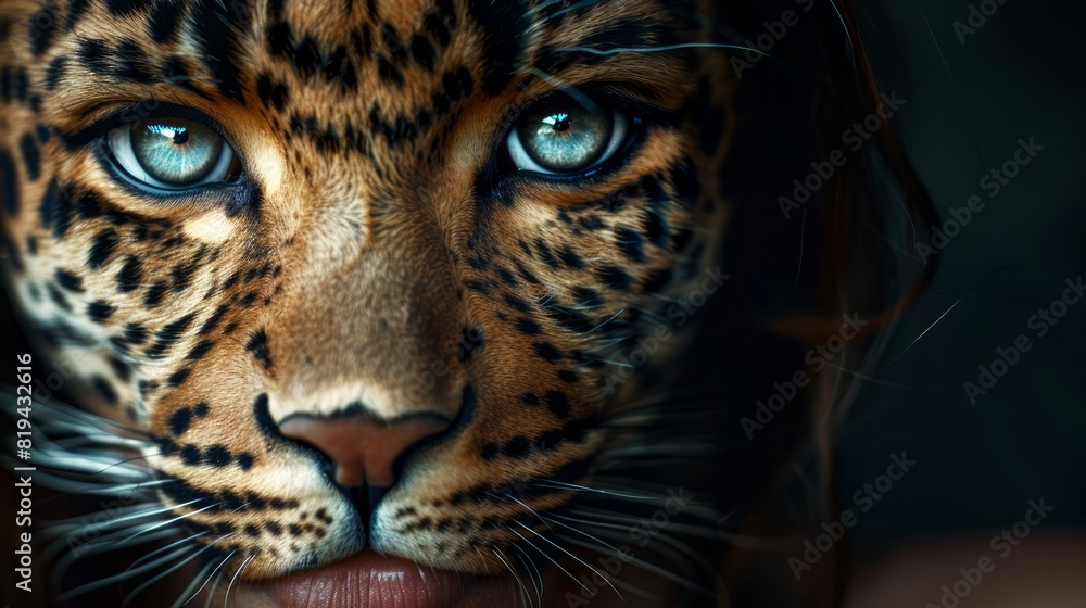 Creative portrait of a beautiful girl with leopard-like skin texture and features, emphasizing a unique artistic vision Creative portrait of a beautiful girl with leopard-like skin texture and features, emphasizing a unique artistic vision