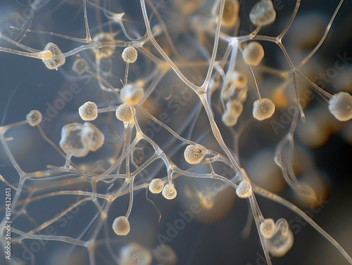 Fungal spores under the microscope resemble delicate filaments spreading across the field. photo