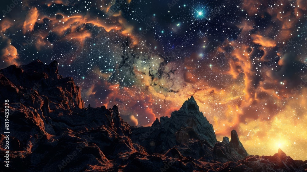 Breathtaking cosmic landscape with colorful nebula, dazzling stars, and rocky terrain under starlit sky showcasing the wonders of the universe.