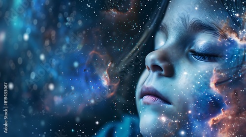 A childs face blended with a starry night sky  eyes closed in a dreamlike state