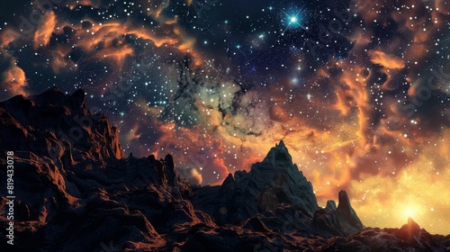 Breathtaking cosmic landscape with colorful nebula, dazzling stars, and rocky terrain under starlit sky showcasing the wonders of the universe. photo