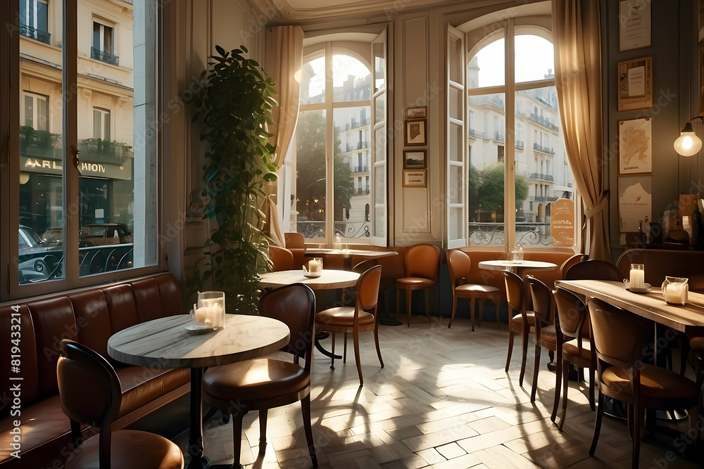 Fototapeta premium An inviting French cafe interior bathed in morning sunlight with elegant seating and large windows