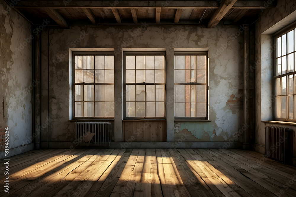 Dramatic sunlight creates patterns on the floor of an empty, rustic room