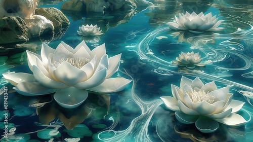 A fantasy landscape filled with giant, 3D-rendered lotus flowers floating on a reflective, glass-like pond. The pond's surface has flowing, liquid textures in deep blues and greens.  photo