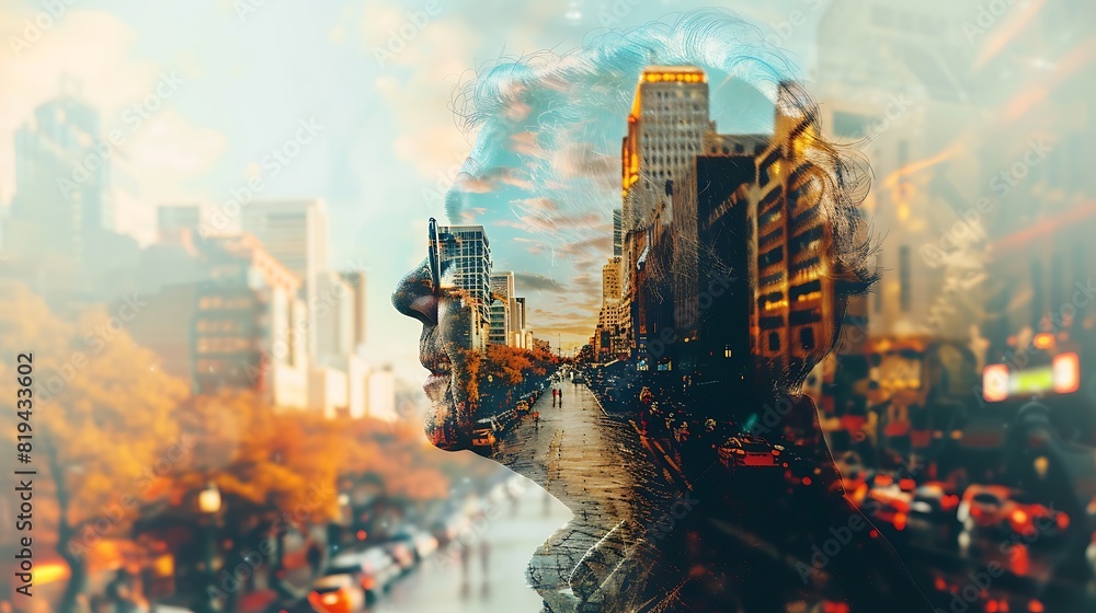 A double exposure image featuring the profile of a senior traveler blended with scenes of bustling city streets and serene natural landscapes, illustrating a rich tapestry of adventures