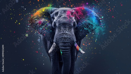 An elephant with colorful paint splattered on it, with color particles floating around the animal. The background is dark gray and blue gradient. High resolution, high quality, super detailed photo