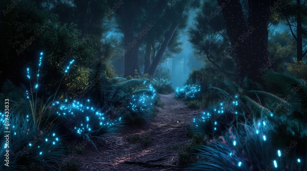 A fantasy landscape with bioluminescent plants lighting a dark forest path. 