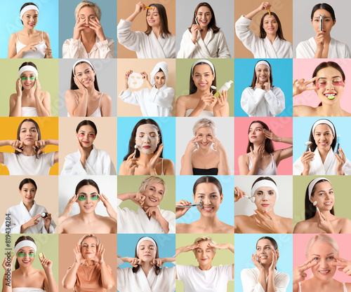 Collage with many women taking care of their skin on color background