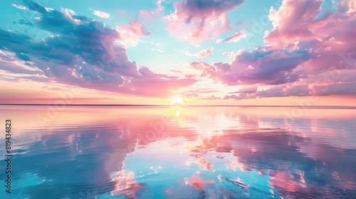 Beautiful colorful sunset with clouds and water reflection on lake or sea surface. Vibrant nature landscape with pink, blue sky at summer evening #819434823