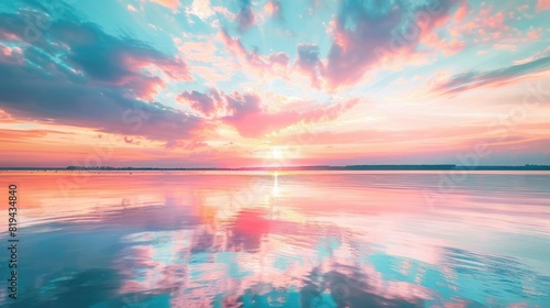 Beautiful colorful sunset with clouds and water reflection on lake or sea surface. Vibrant nature landscape with pink, blue sky at summer evening