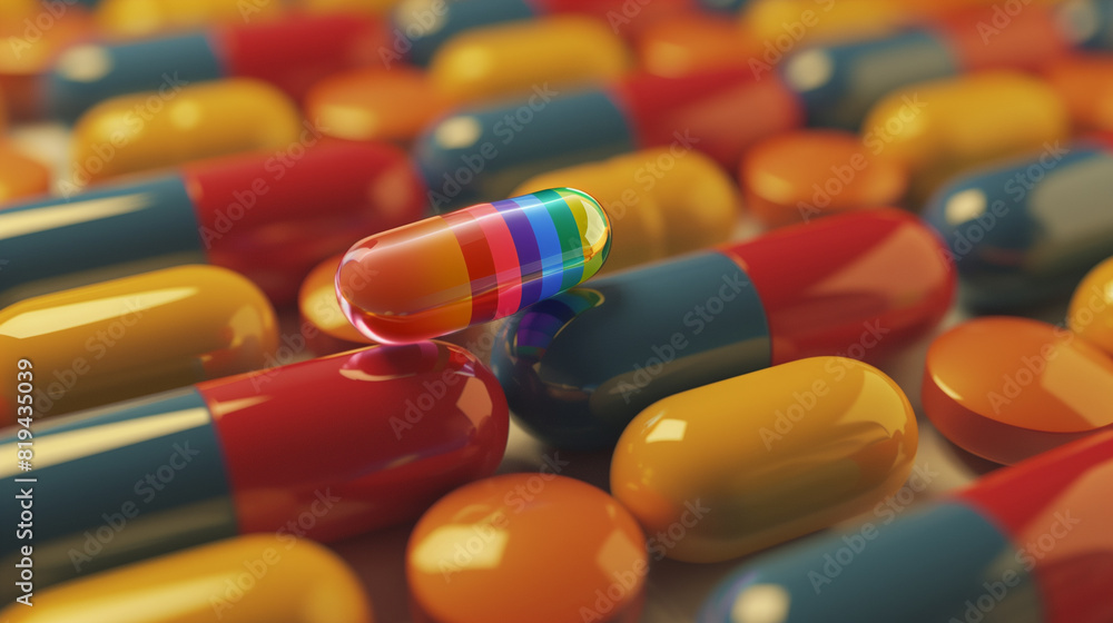Colorful pills with LGBTQ+ frag Pride Month, June