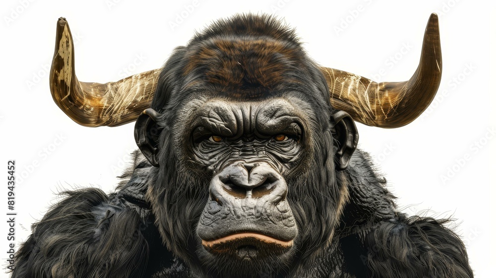 A mighty gorilla sporting formidable bull horns, exuding strength and fear. A mighty gorilla sporting formidable bull horns, exuding strength and fear.