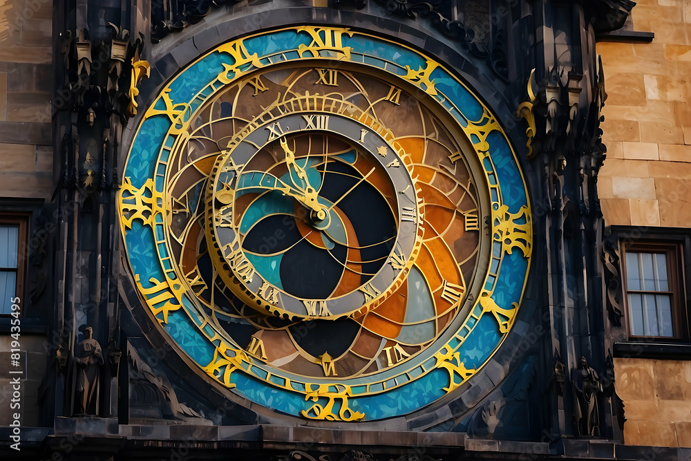 The intricate astronomical clock, adorned with zodiac signs and golden accents, graces the facade of a historic European building The intricate astronomical clock, adorned with zodiac signs and golden accents, graces the facade of a historic European building