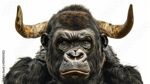 A mighty gorilla sporting formidable bull horns, exuding strength and fear.