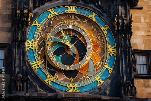 The intricate astronomical clock, adorned with zodiac signs and golden accents, graces the facade of a historic European building photo