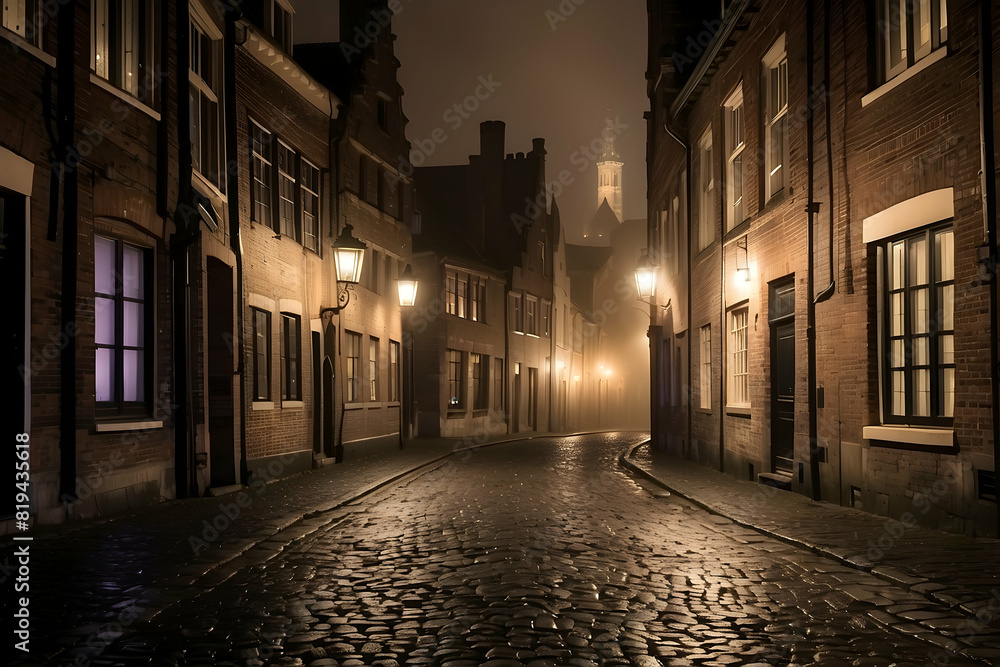 A moody scene of a foggy cobblestone street at night in an old historic town, with vintage street lamps alight