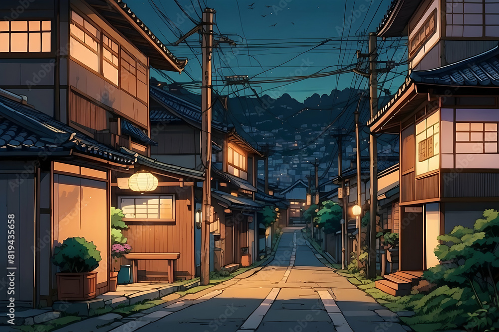 A detailed digital illustration depicts a serene twilight setting on a classical Japanese residential street A detailed digital illustration depicts a serene twilight setting on a classical Japanese residential street