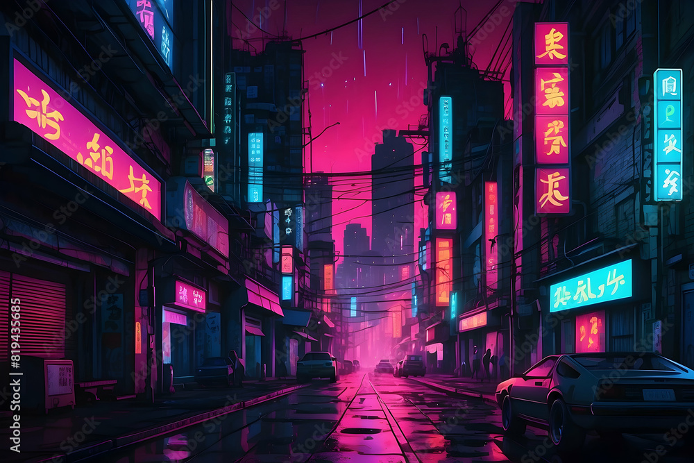 An illustration of a vibrant cyberpunk cityscape at night with neon signs and a moody atmosphere