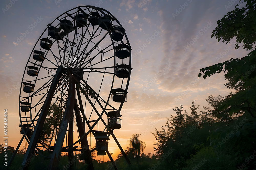 A striking image of a Ferris wheel silhouette against a vibrant sunset sky, evoking feelings of nostalgia and joy