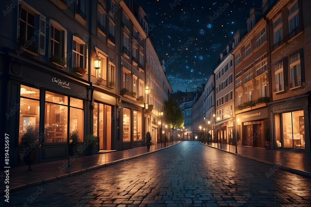 A nighttime street scene with the illumination of shopfronts and a starry sky above, rendered in a digital illustration