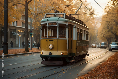The photo captures a vintage tram rolling through a city street surrounded by colorful autumn leaves