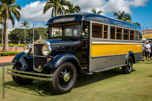 An impeccably maintained vintage bus with yellow and blue paint parked at an outdoor event