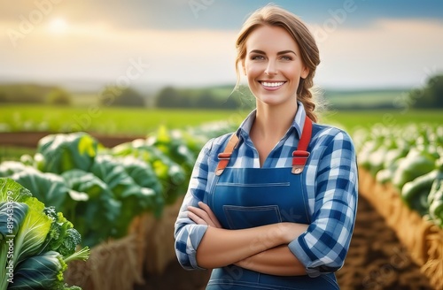Happy female farmer stay on her farm photo