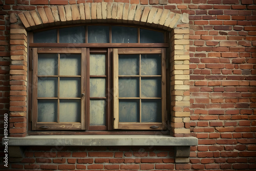 Classic arched wooden window with antique design on an even grid brick wall, suggesting traditional architecture © JohnTheArtist