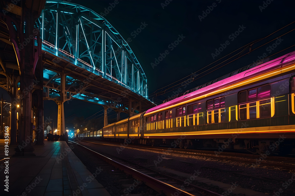 A train at night under a vibrant, illuminated bridge giving a sense of late-night travel vibes A train at night under a vibrant, illuminated bridge giving a sense of late-night travel vibes