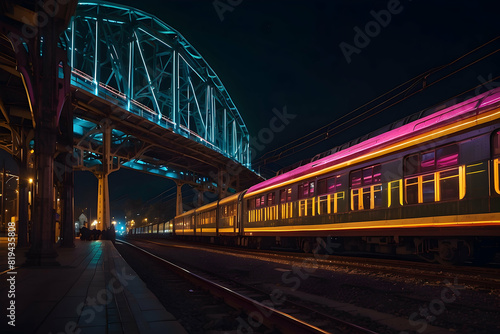 A train at night under a vibrant, illuminated bridge giving a sense of late-night travel vibes