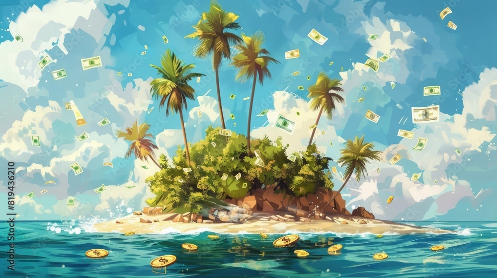 A Tropical Island With Palm Trees And Gold Coins Digital Art Style