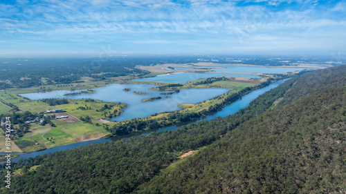 Photography Drone aerial photograph of the Nepean River running through the Cumberland Plain region alongside Nepean Lagoon and Penrith Lake in Western Sydney in New South Wales, Australia