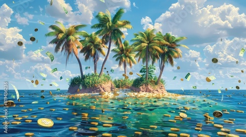 A tropical island with palm trees and gold coins, digital art style, illustration painting, many floating paper bills in the water, money banks on small islands,