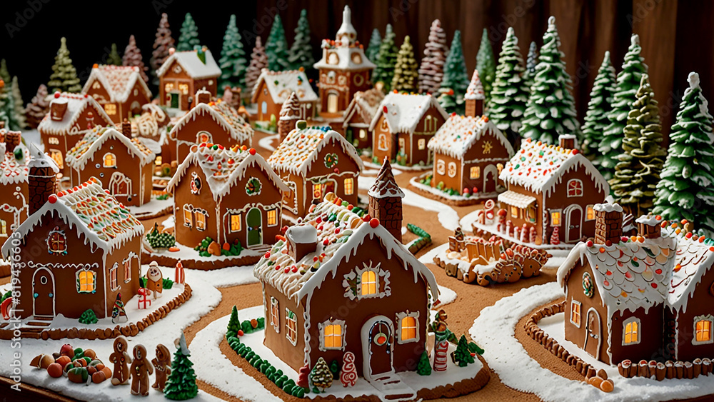 Gingerbread Village Bustling with Lifelike Cookie Inhabitants Imagine a cinematic shot of a bustling gingerbread village