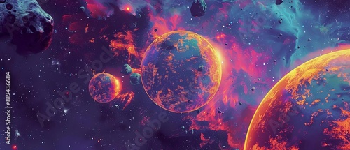 Colorful digital art of space with vibrant planets and stars, depicting a mesmerizing cosmic scene with bright hues and galactic wonders.