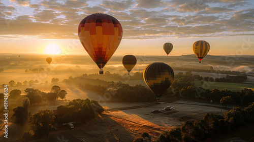 An early morning balloon ride over a scenic landscape, with multiple hot air balloons rising into the dawn sky.