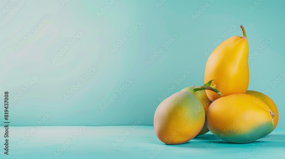 Mangoes, a photorealistic illustration against pastel blue background with copy space for text or logo, beautifully illuminated by studio lighting Mangoes, a photorealistic illustration against pastel blue background with copy space for text or logo, beautifully illuminated by studio lighting