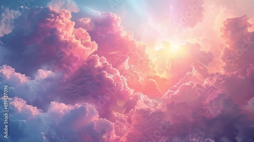 A breathtaking of a vibrant sky filled with colorful, fluffy clouds illuminated by the warm glow of the sun.