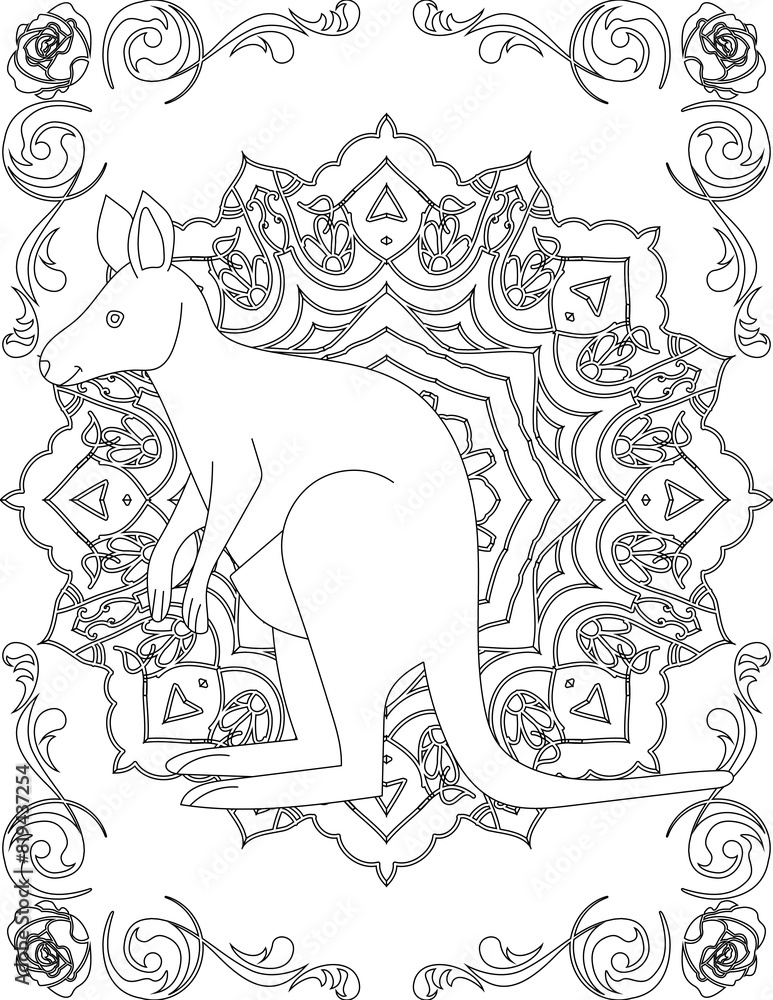 Kangaroo on Mandala Coloring Page. Printable Coloring Worksheet for Adults and Kids. Educational Resources for School and Preschool. Mandala Coloring for Adults